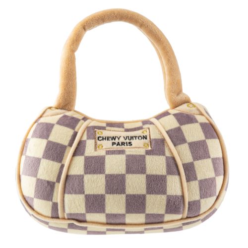 Tan Checker Chewy Vuiton Handbag Squeaker Dog Toy